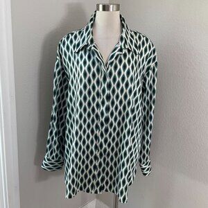Lane Bryant Womens Plus 22/24 Geometric Blouse Green White Long Sleeve Shirt